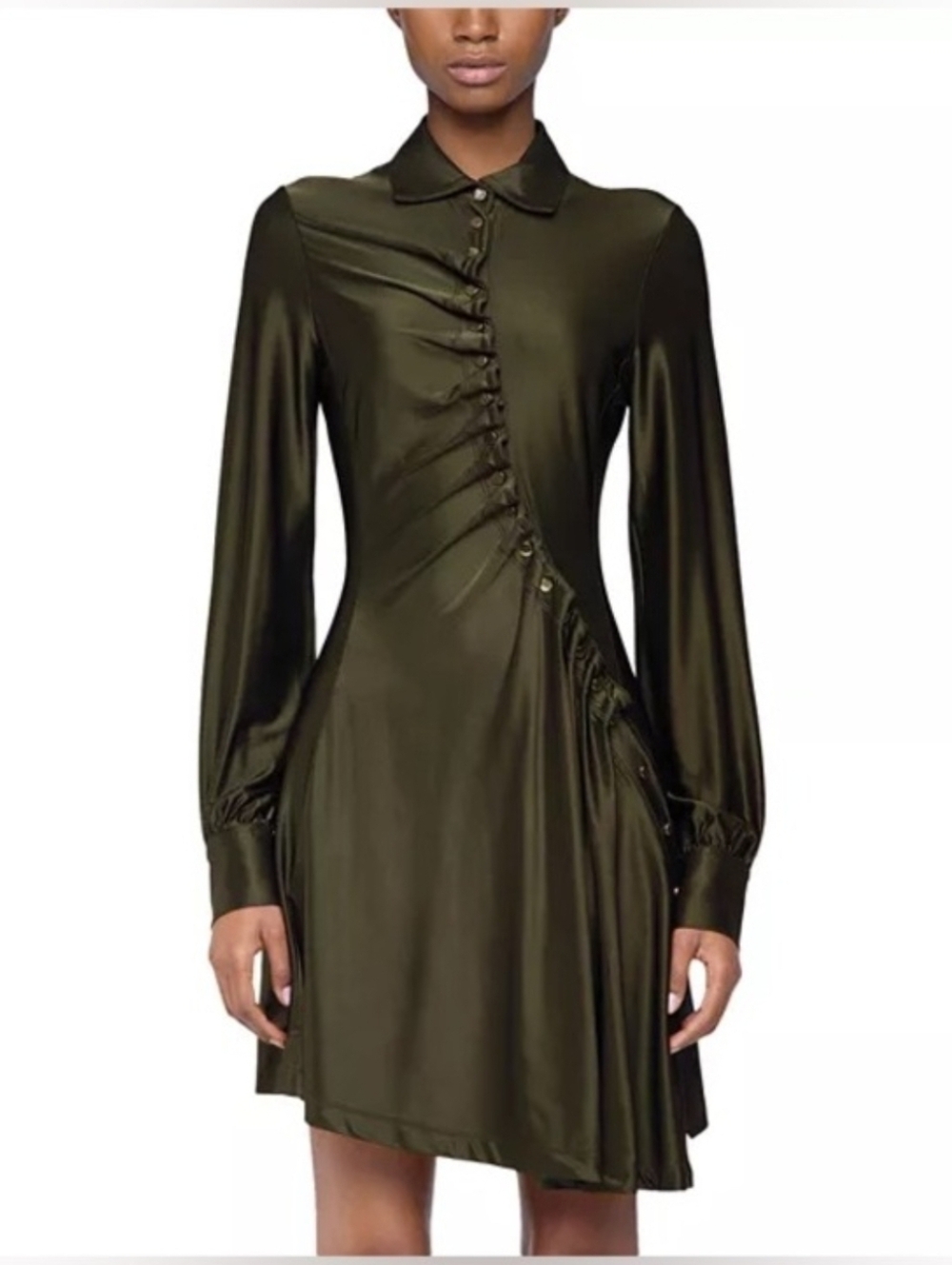 ✨️ Rabanne Button Embellished Draped Olive Green Long Sleeve Shirt Dress - Picture 3 of 15